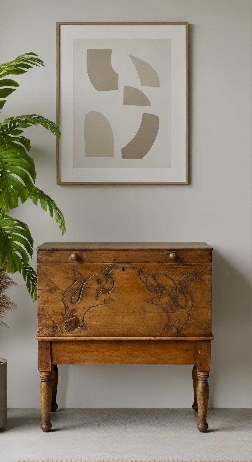 C21-18 Cofre Antiguo con Talla de Estilo Popular (Folk Art) sobre Patas Torneadas