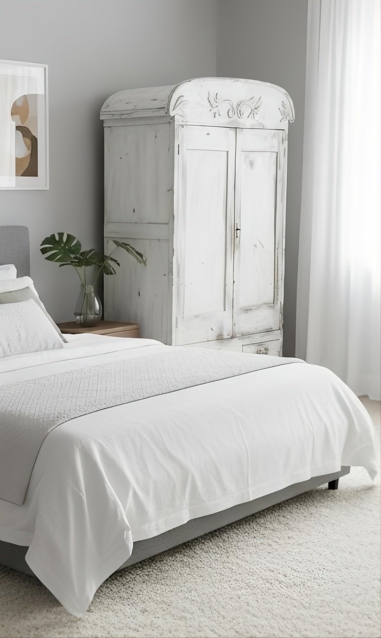 C-21-19 Armario Rústico con Pátina Blanca y Copete Curvado Tallado