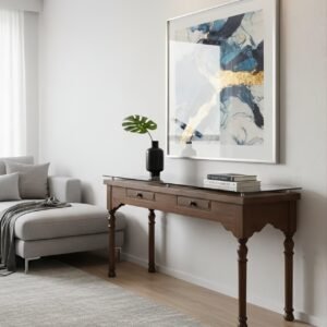 C21-4 Consola de Madera Clásica con Tapa de Cristal y Dos Cajones