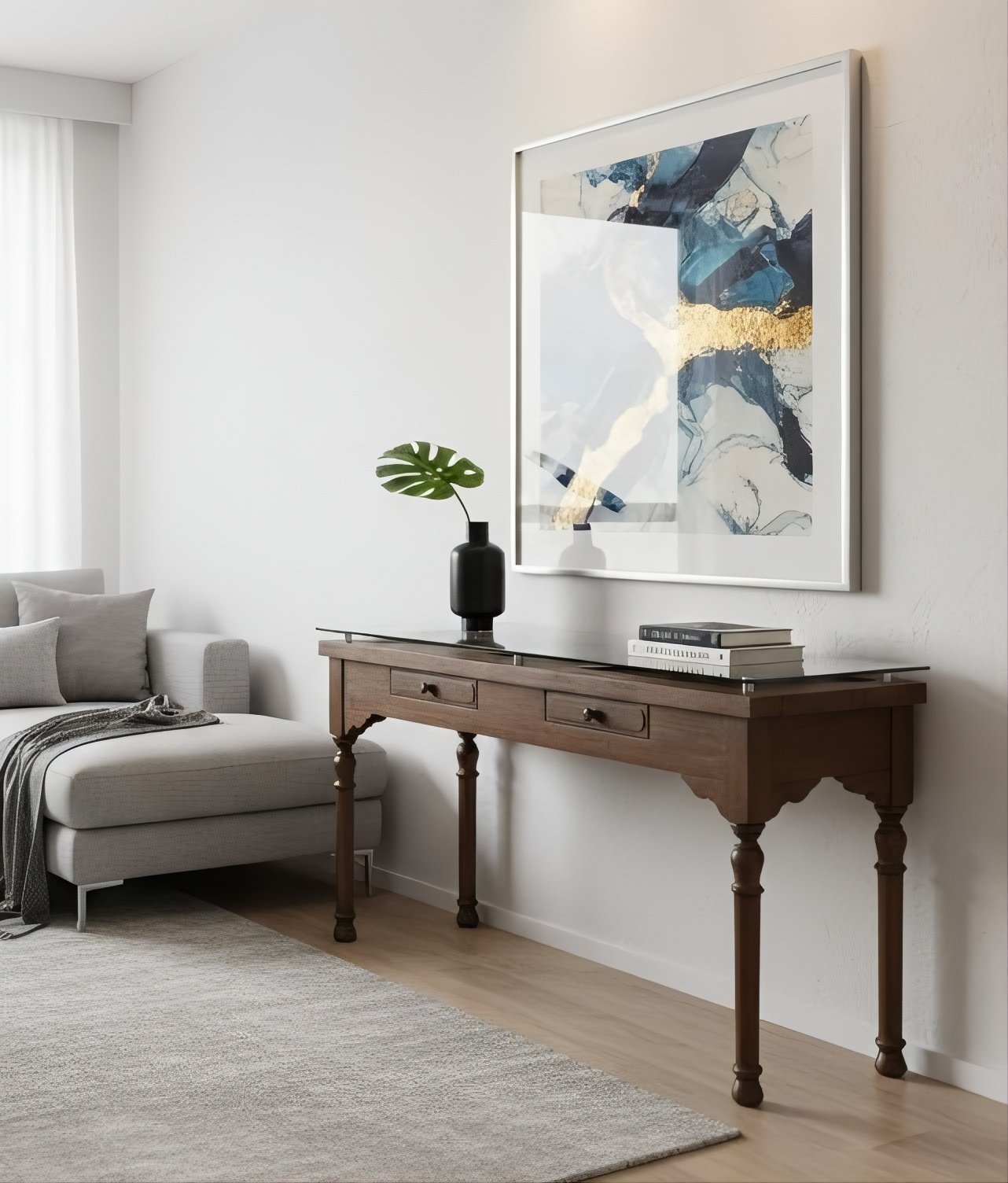 C21-4 Consola de Madera Clásica con Tapa de Cristal y Dos Cajones