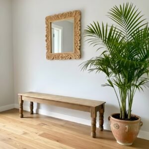 LP-33 Banca/Mesa Auxiliar Rústica Extralarga de Madera Clara con Patas Torneadas