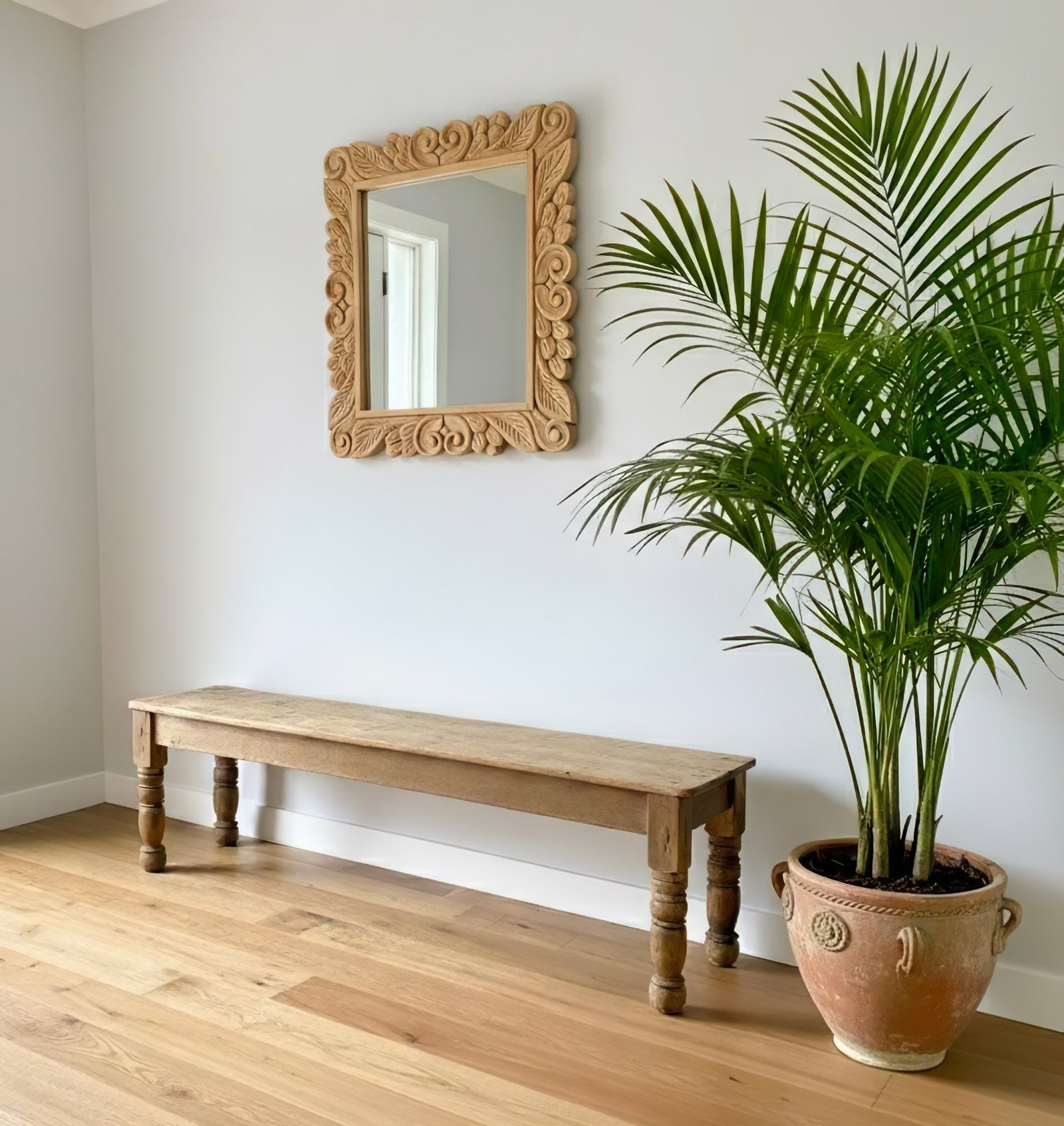 LP-33 Banca/Mesa Auxiliar Rústica Extralarga de Madera Clara con Patas Torneadas