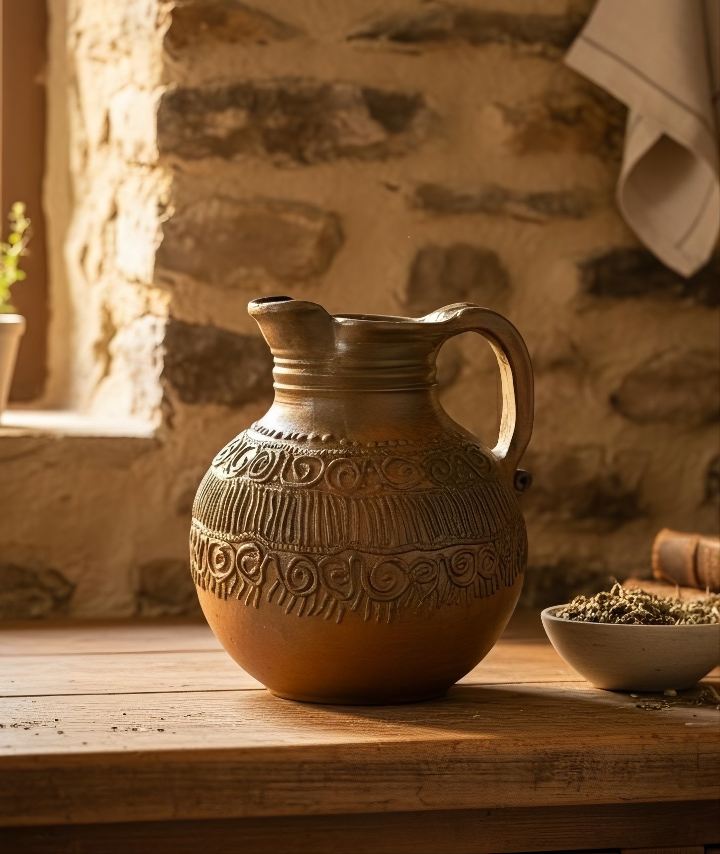 PT-17 Vasija Antigua - Estilo Etnográfico/Rústico con Decoración Tallada